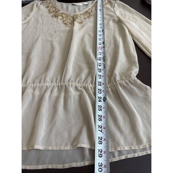 Chicos Beige Sheer Blouse Sequin Embellished Neckline & Cinched Waist Size M - Picture 8 of 12
